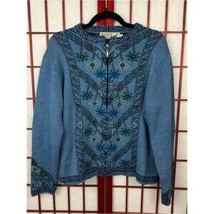 Peruvian Link Blue Full Zip Up Alpaca Wool Geometric Design Cardigan Sweater M